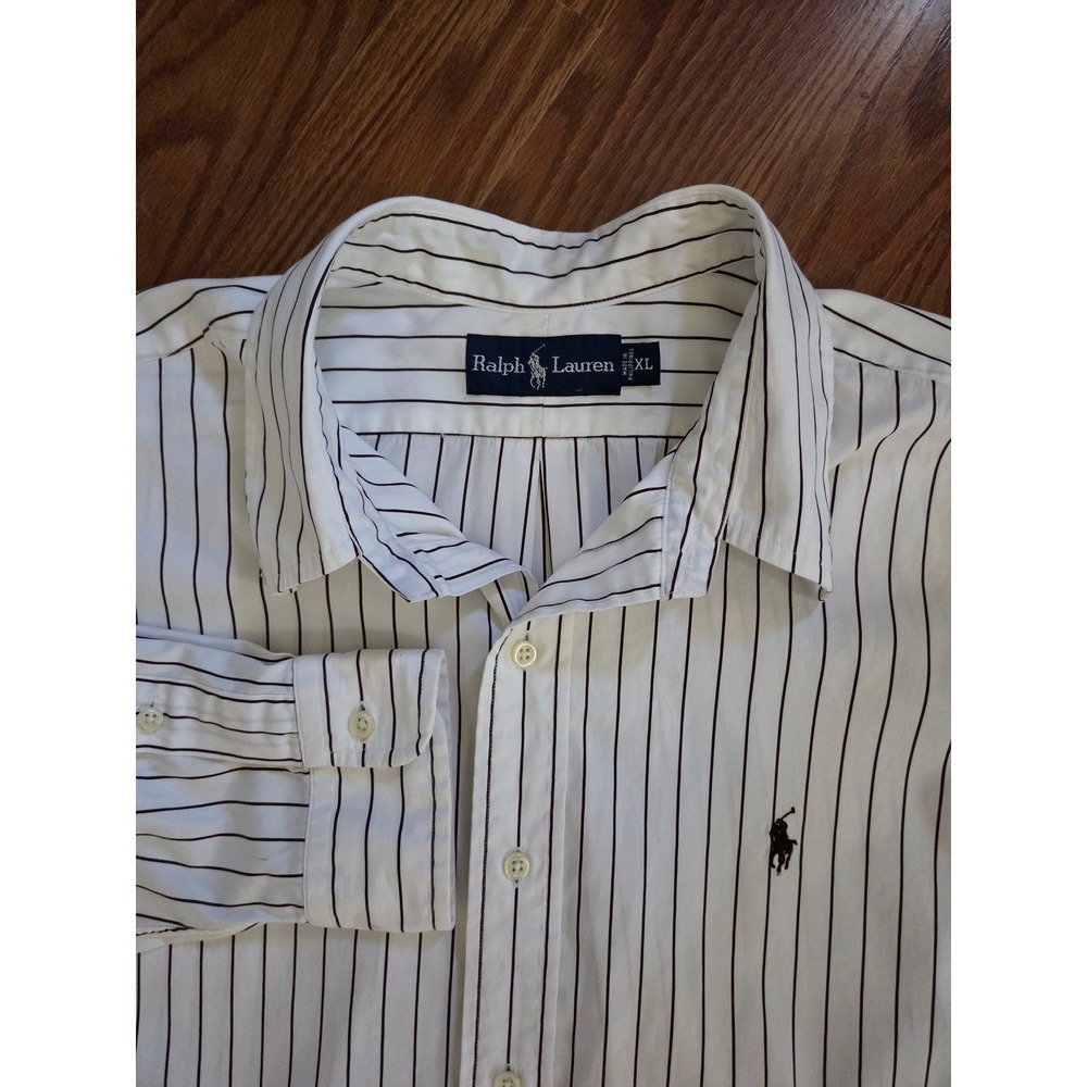 Ralph Lauren Mens XL Button Down Shirt White Navy Blue Striped Long Sleeve Pony